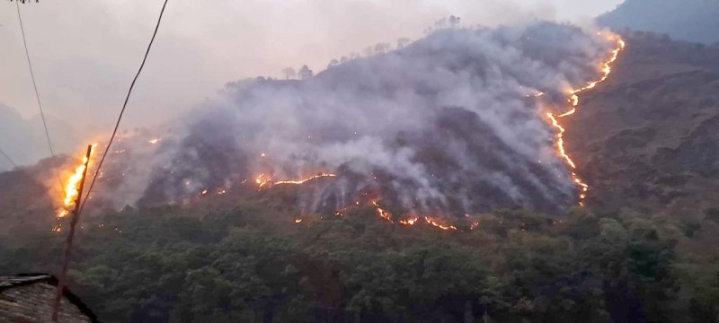 सामुदायिक वनमा लागेको डढेलो गाउँसम्म फैलदा  खोटाङमा तेह्र घर जलेर नष्ट